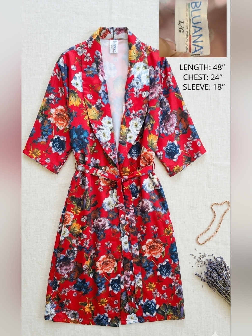 Bluana Italian Luxury Floral Satin Robe Red Size L